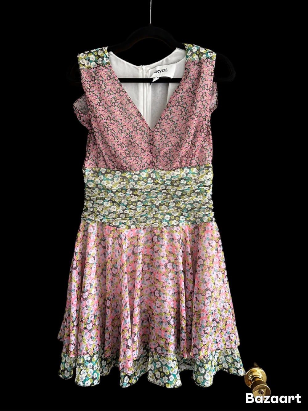 Akoo Pink Floral Tiered Dress with Green Floral Waistband